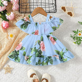 Sky blue flower printed princess girls dress