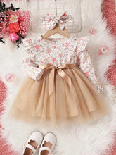 Elegant Beige Floral Tulle Dress with Matching Headband