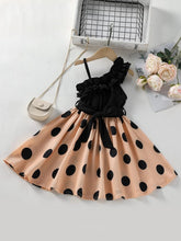 Chic One-Shoulder Polka Dot Dress for Girls – Black & Peach