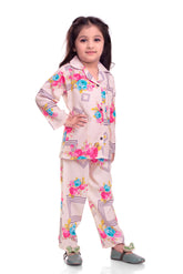 Pink floral printed night co-rd set for kids
