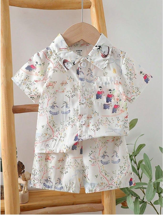Off-White Cartoon Print Boys Shirt & Shorts Set