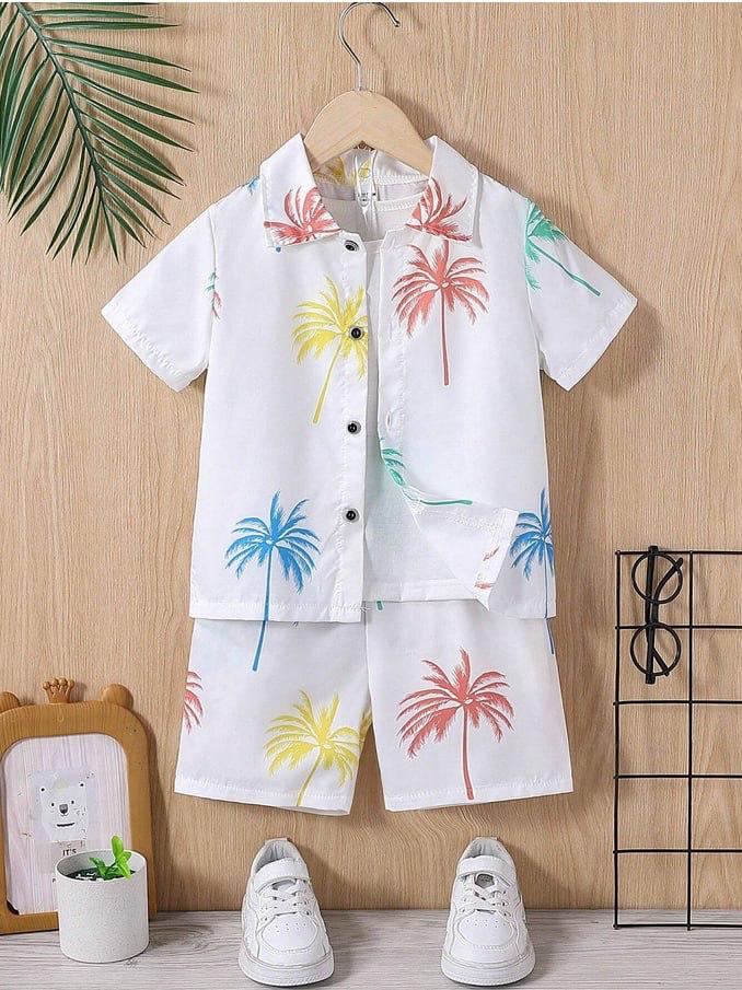 Kids White Coconut Tree Print Summer Co-ord Set
