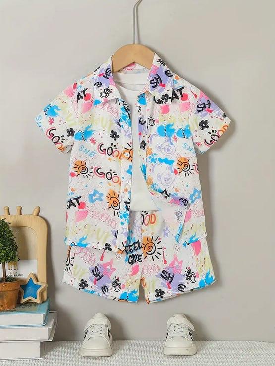Kids Vibrant Graffiti Print Summer Outfit – Shirt & Shorts Set