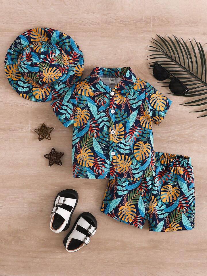 Navy Blue Tropical Leaf Print Dress For Boy