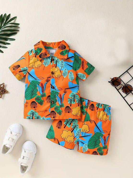 Kids Tropical Paradise Summer Outfit – Orange Shirt & Shorts Set