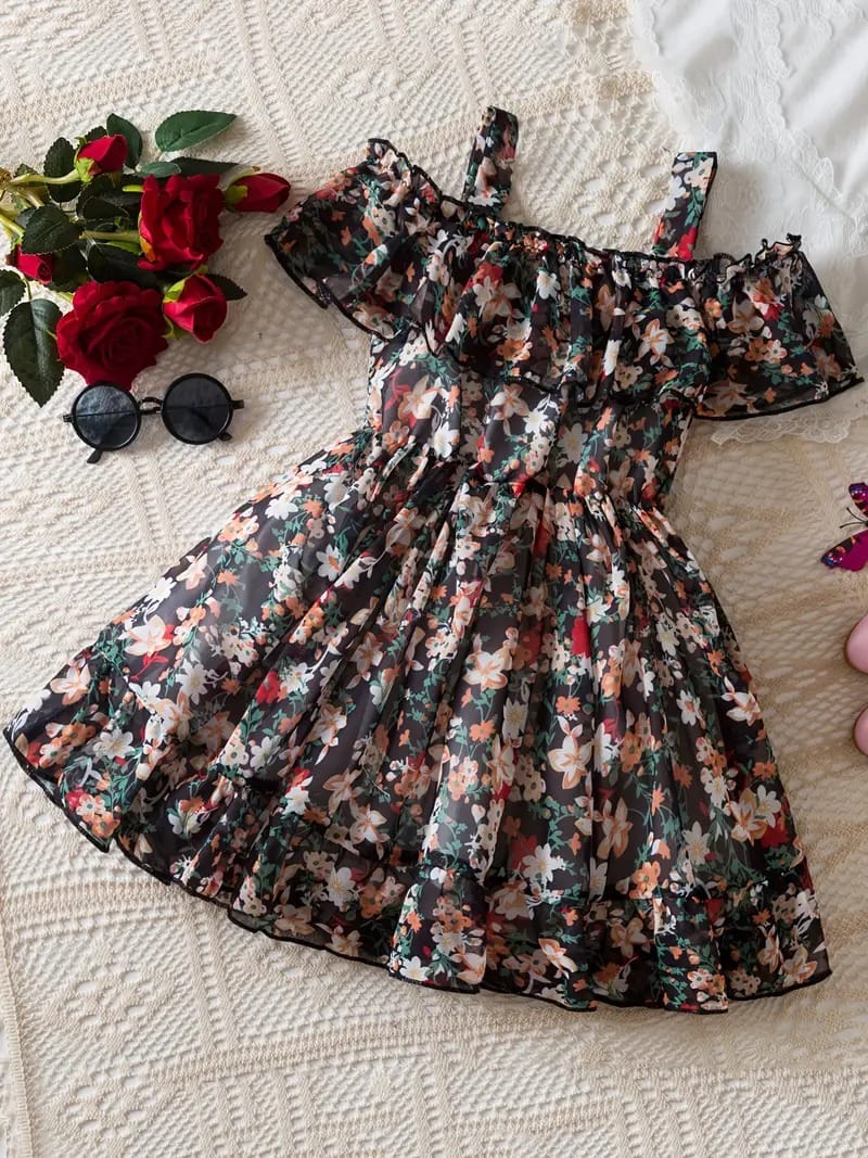 Black printed floral princess dress