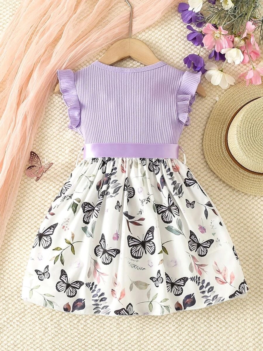 Purple butterfly printed floral girl dress
