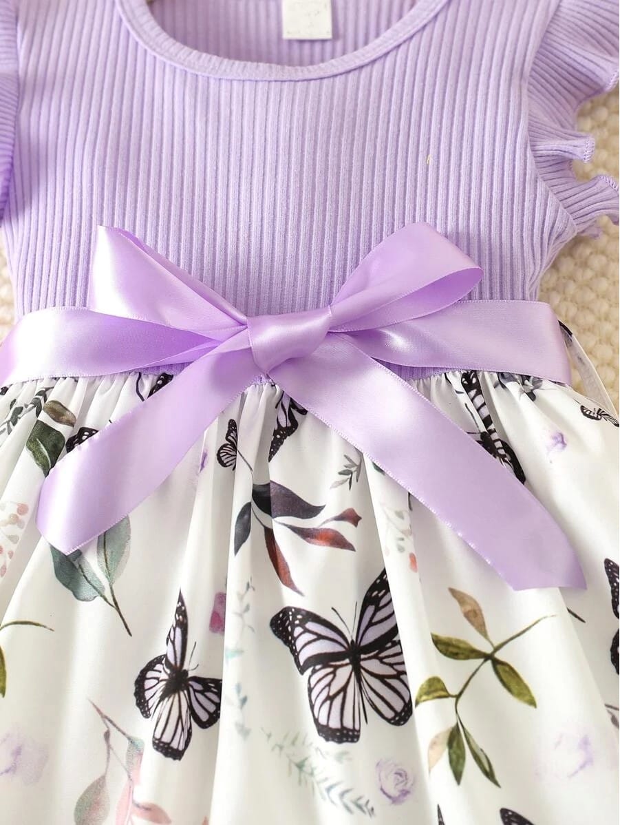 Purple butterfly printed floral girl dress