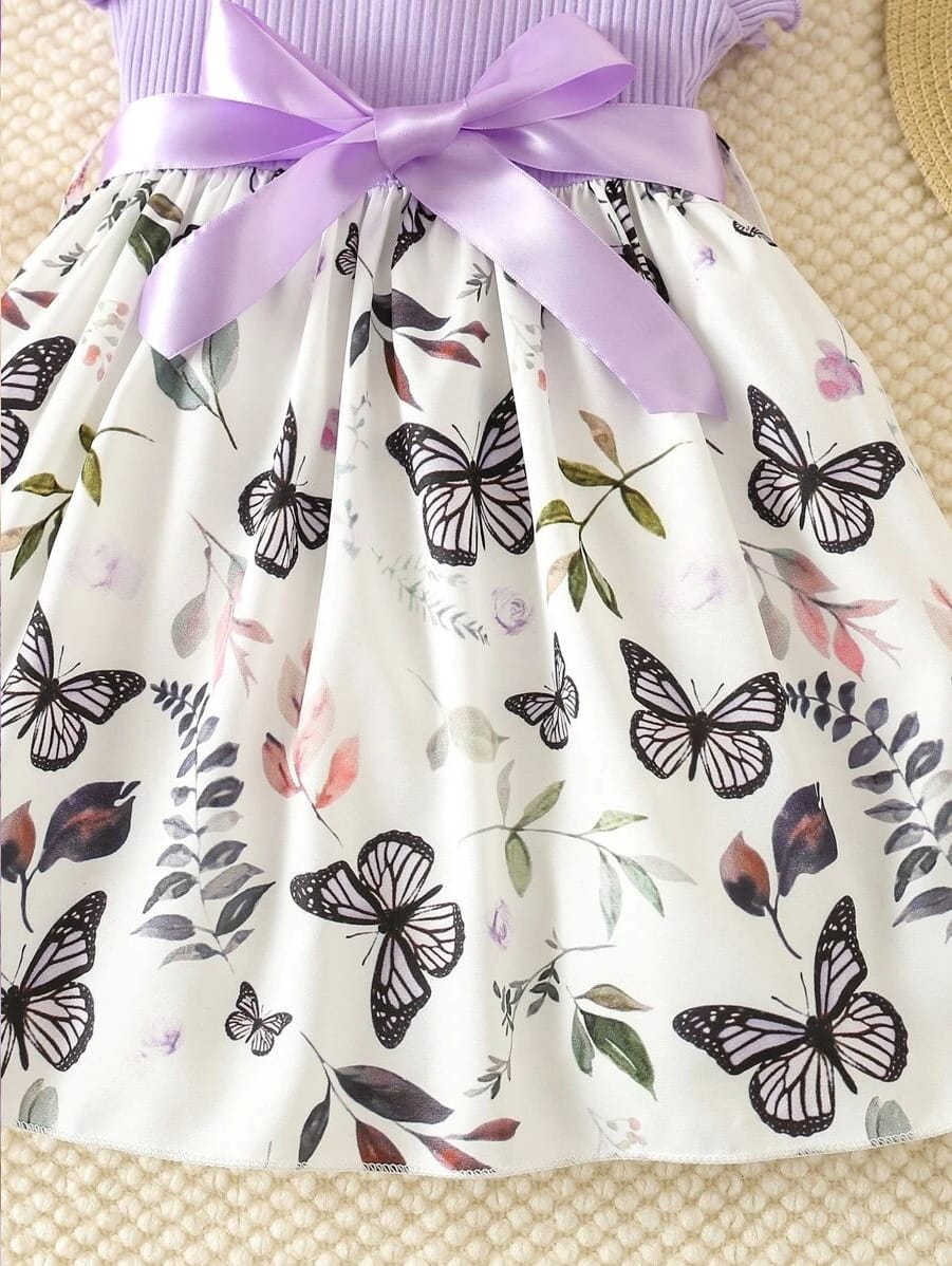 Purple butterfly printed floral girl dress