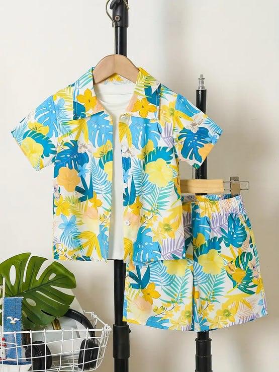Kids Tropical Floral Summer Outfit – Yellow & Blue Shirt & Shorts Set