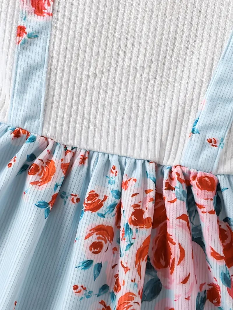 Sky blue flower printed polka western frock