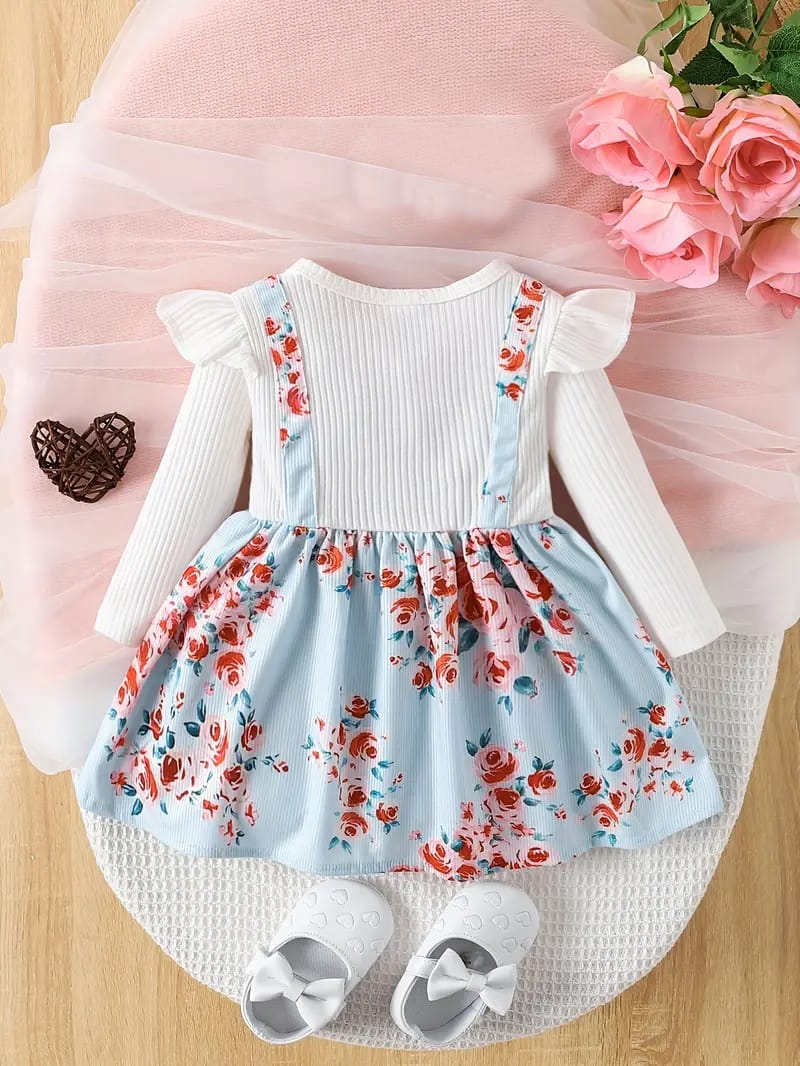 Sky blue flower printed polka western frock