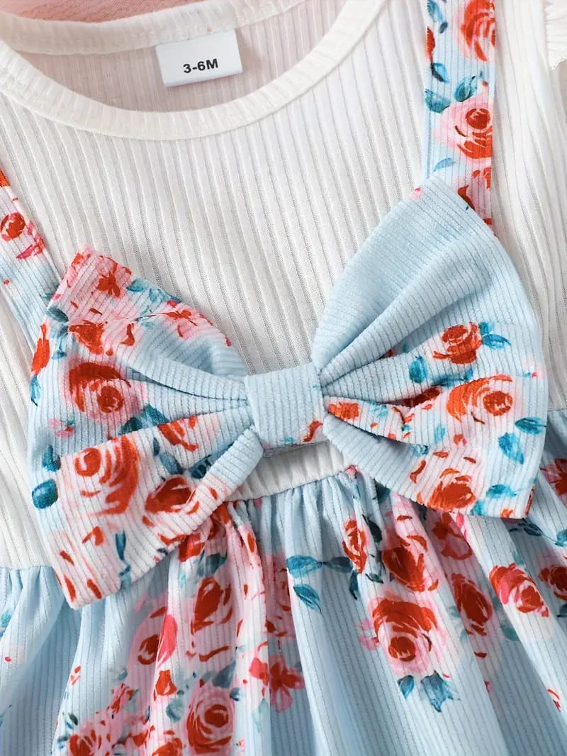 Sky blue flower printed polka western frock