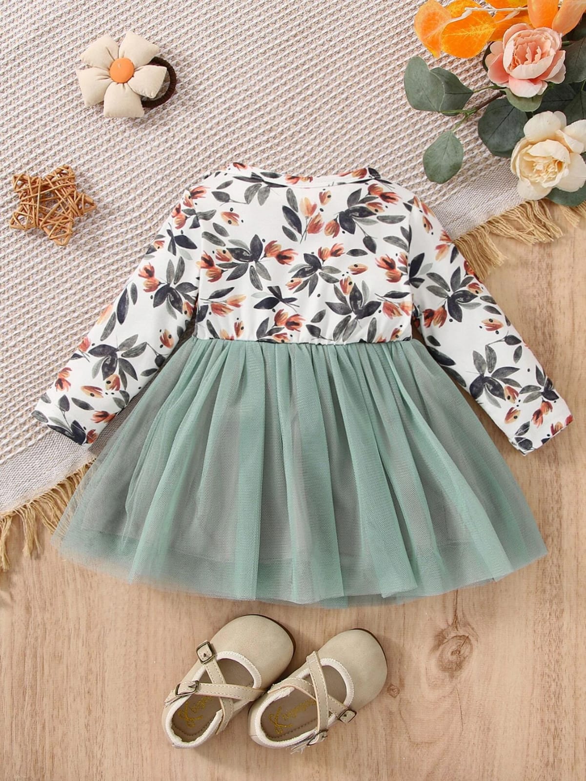 Peach flower ribbon printed girls frock