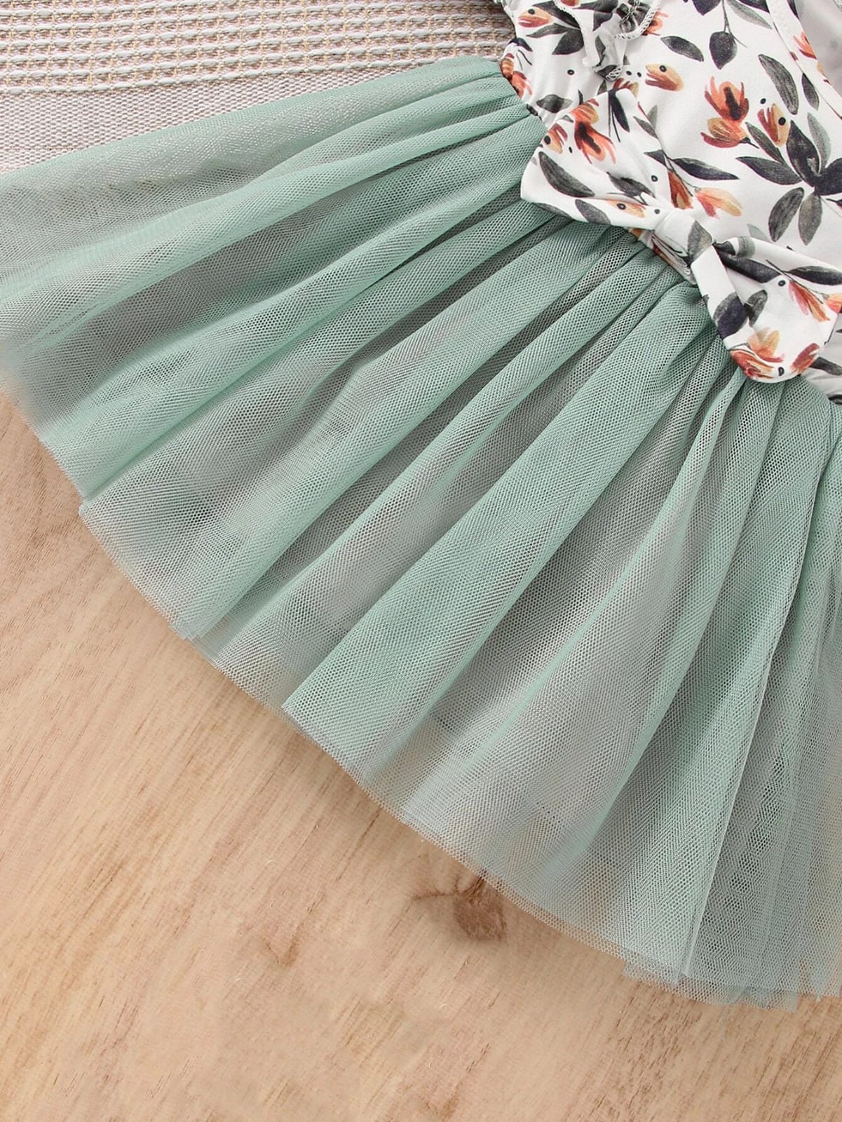 Peach flower ribbon printed girls frock