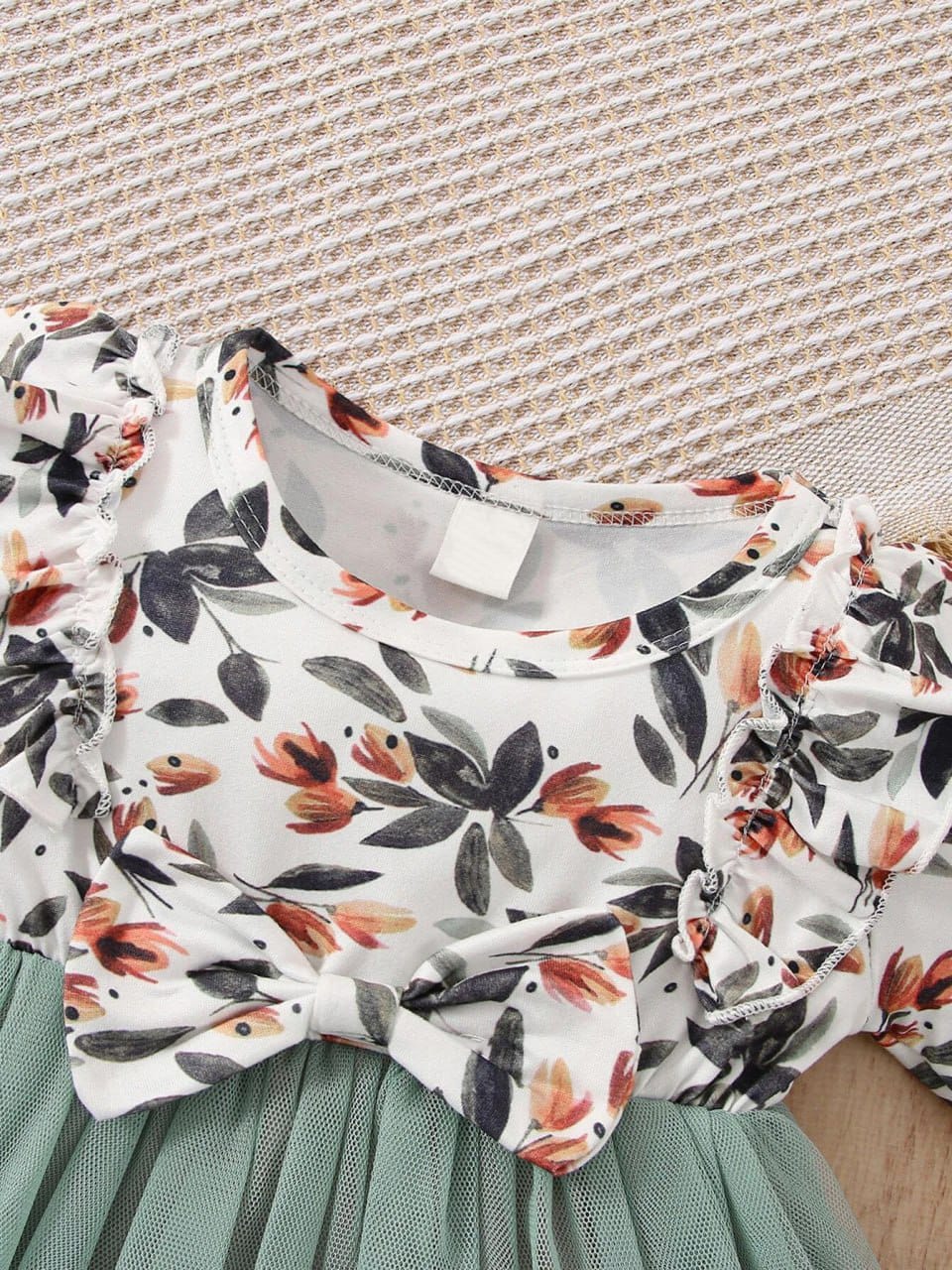 Peach flower ribbon printed girls frock