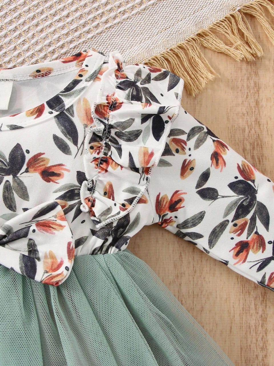 Peach flower ribbon printed girls frock
