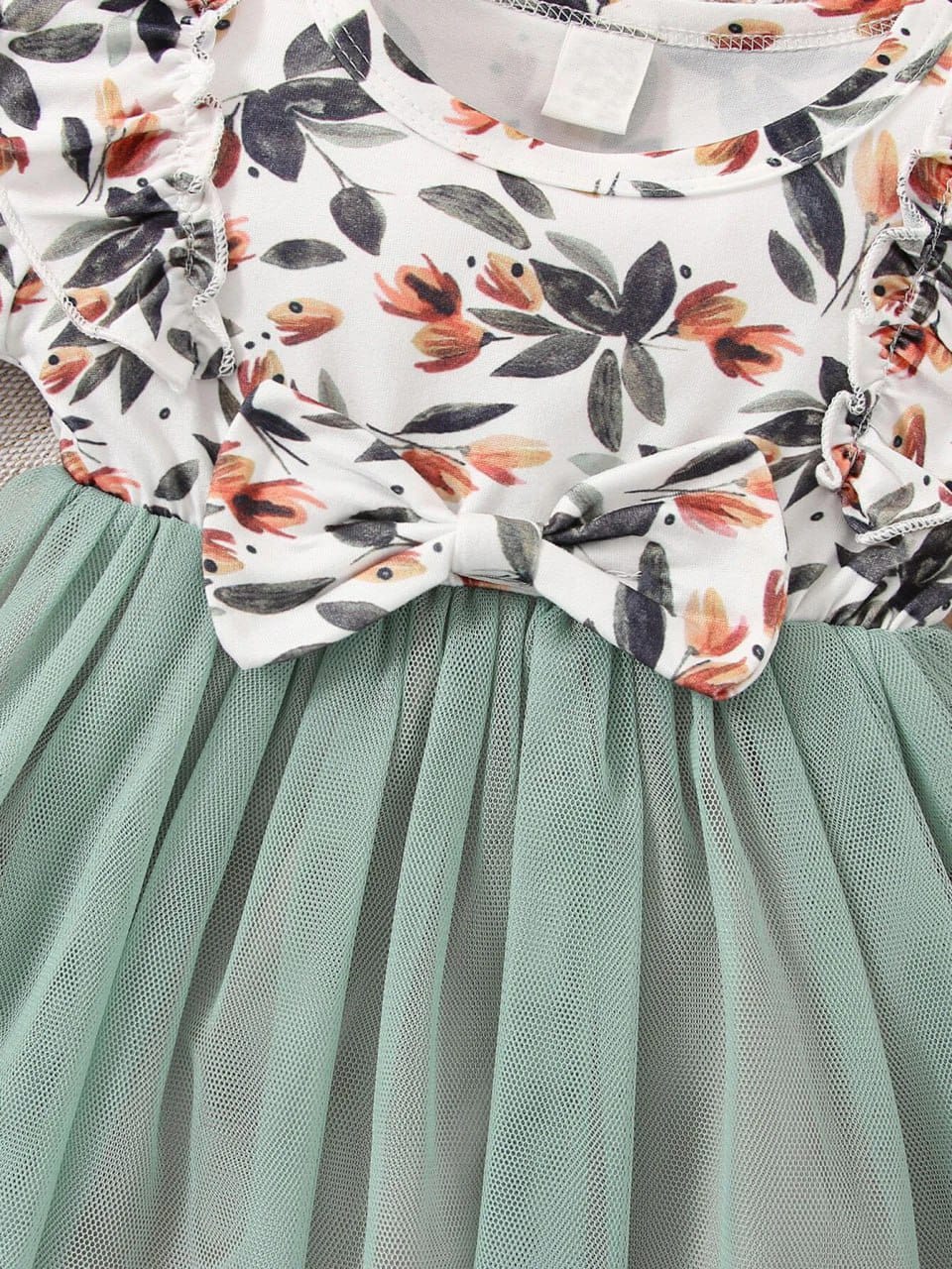 Peach flower ribbon printed girls frock
