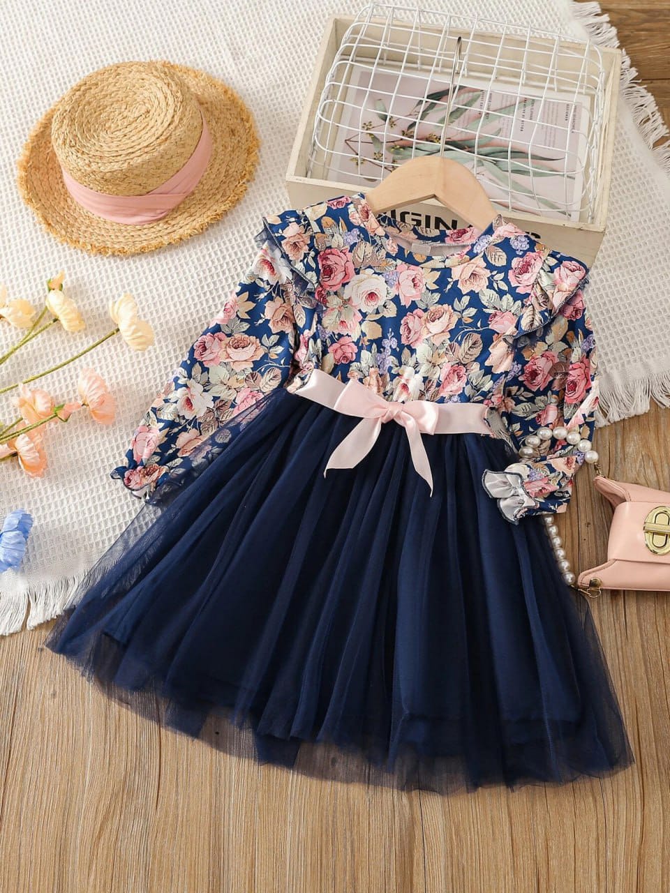 Navy blue printed flower knee dress