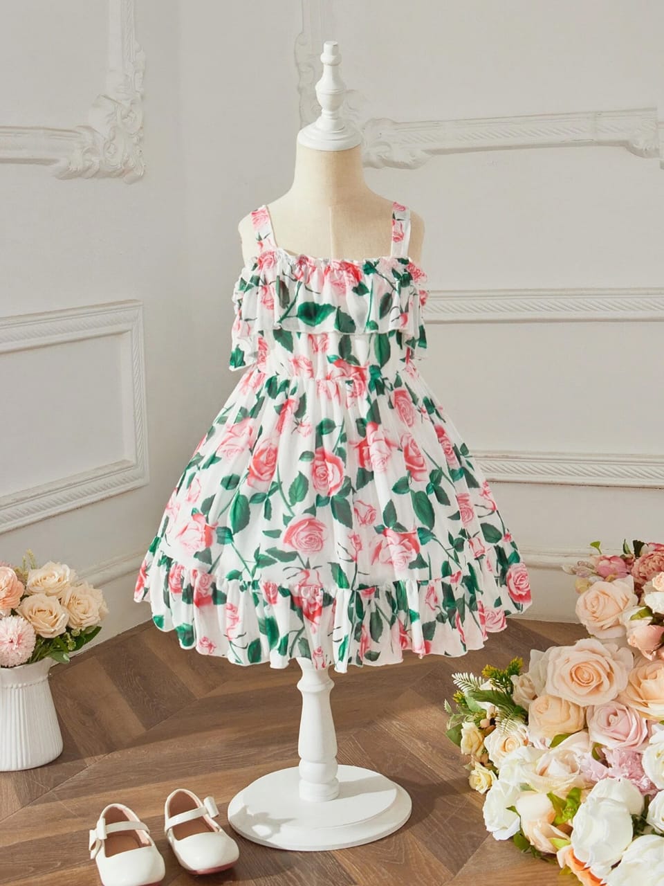 White flower printed princess girls dress