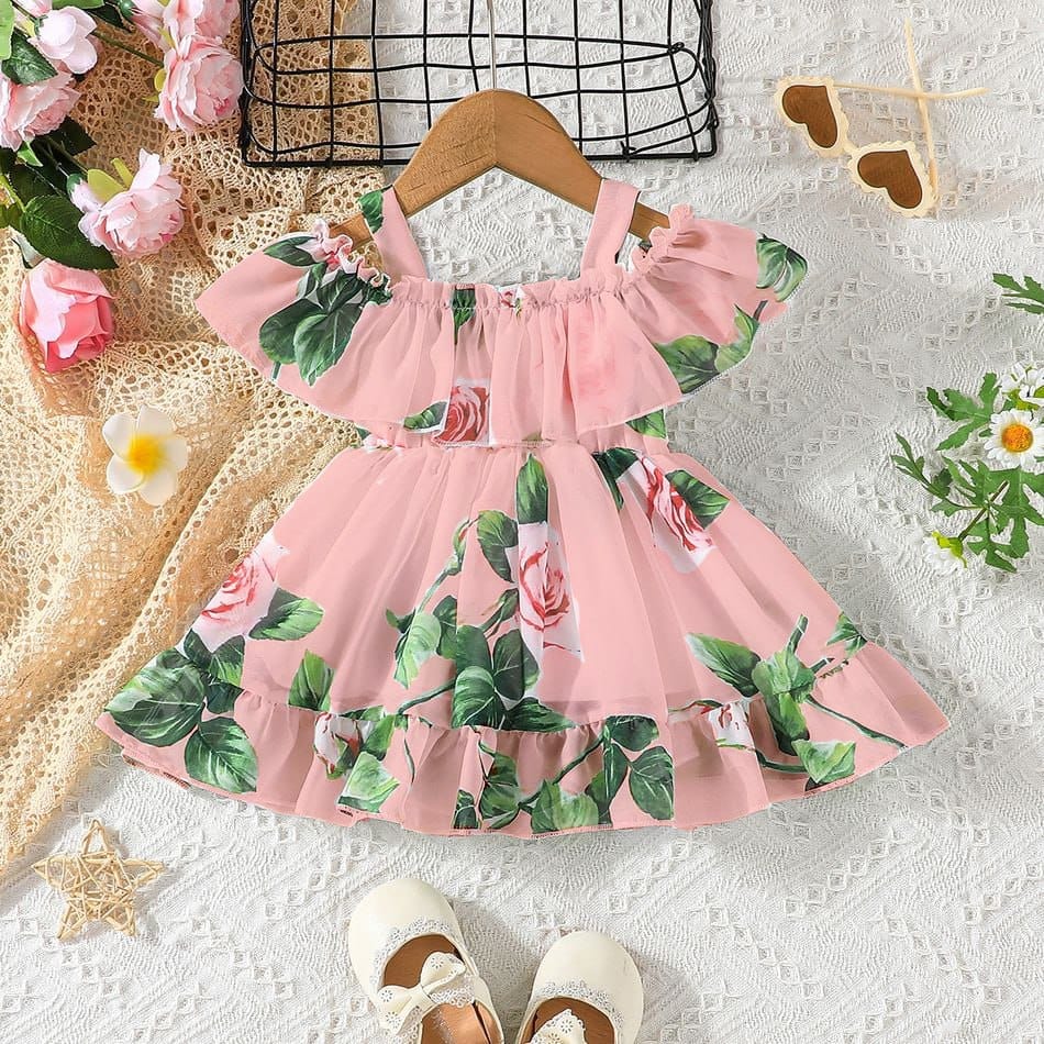 Pink flower printed girls floral dress