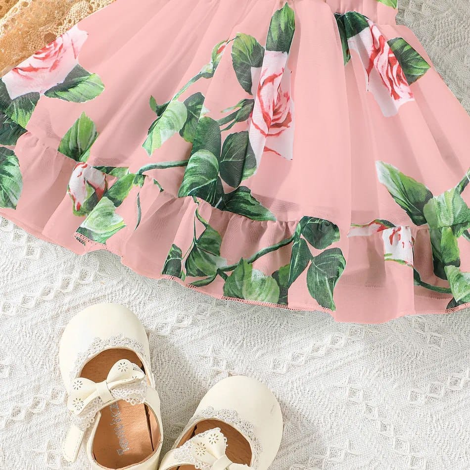 Pink flower printed girls floral dress