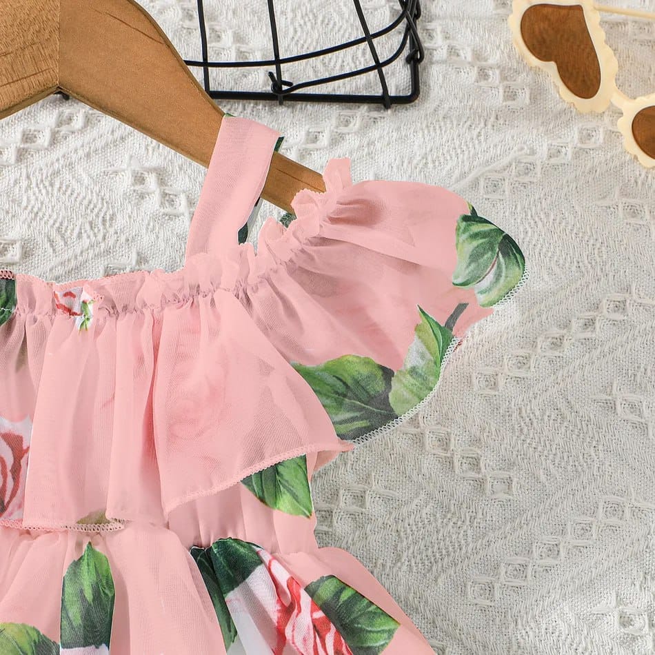 Pink flower printed girls floral dress