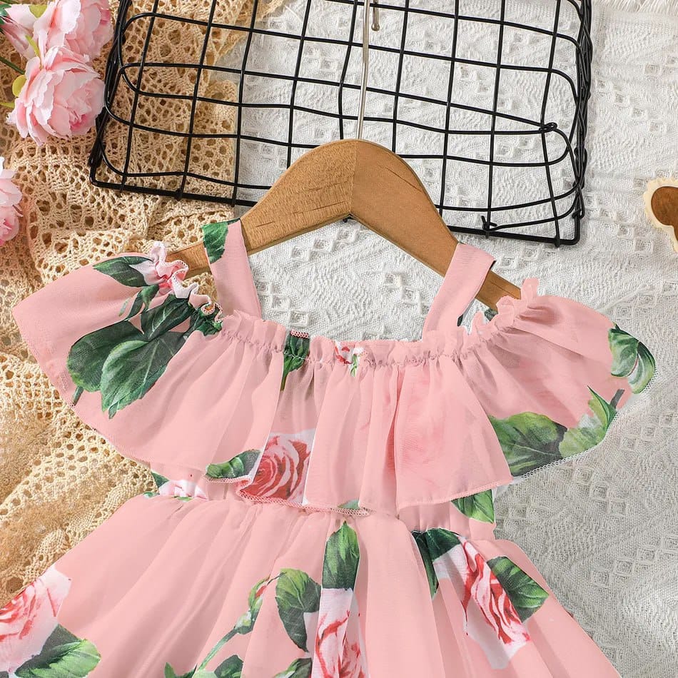 Pink flower printed girls floral dress
