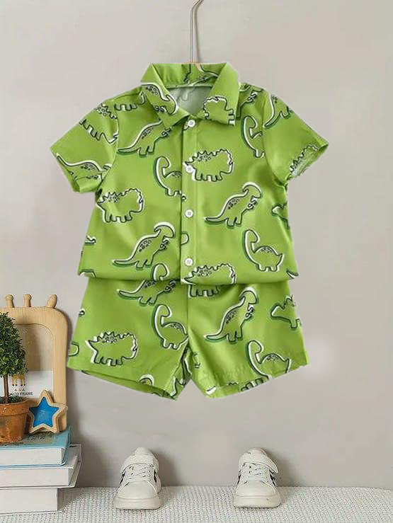 Green Dinosaur Print Kids Night Suit – Half Sleeve Shirt & Shorts