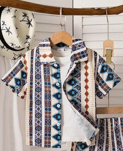Vintage Tribal Stripe Kids Outfit Set – Shirt & Shorts