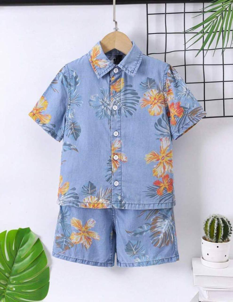 Sky blue flower printed shirt & short