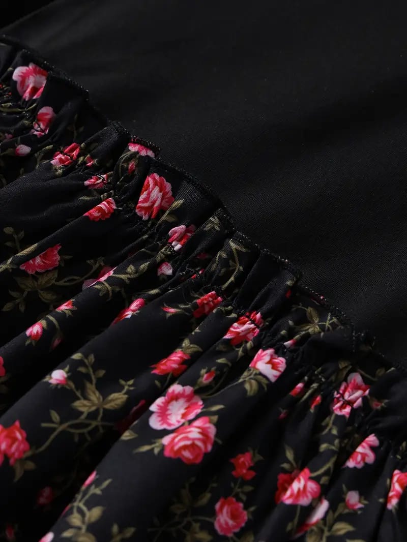 Chic Black & Floral Princess Dress – Stylish Elegance for Little Girls