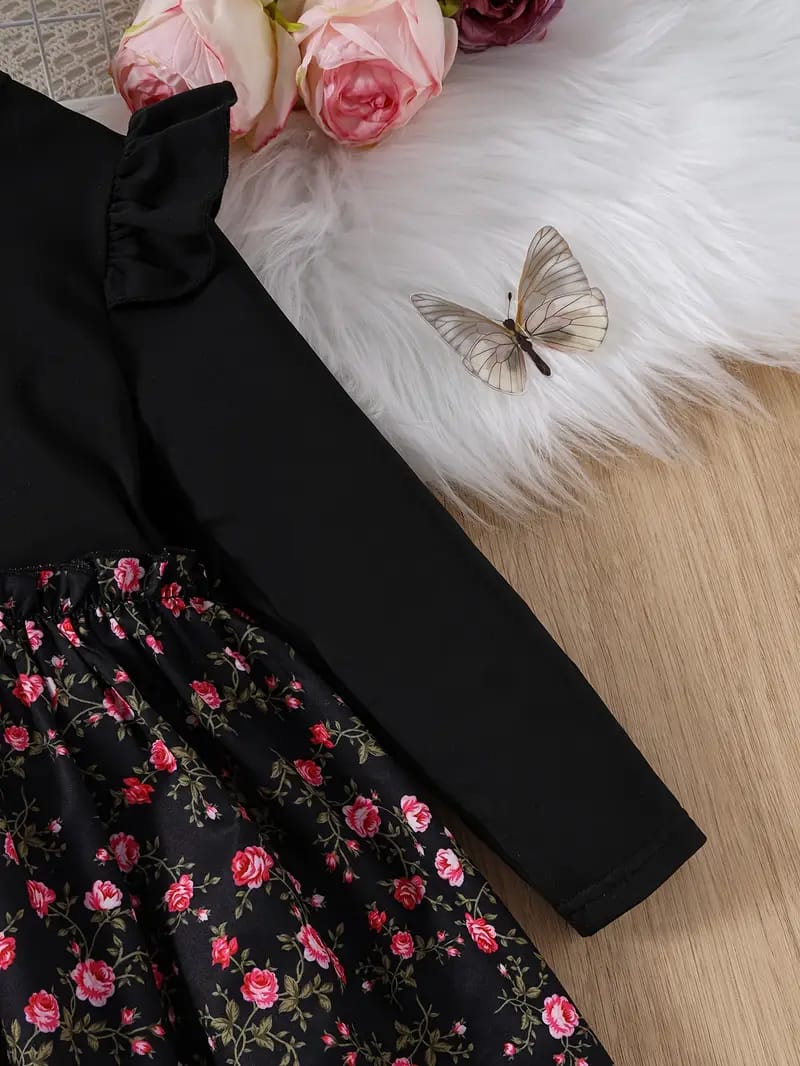 Chic Black & Floral Princess Dress – Stylish Elegance for Little Girls