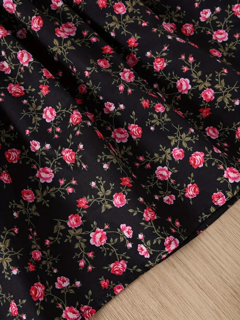 Chic Black & Floral Princess Dress – Stylish Elegance for Little Girls