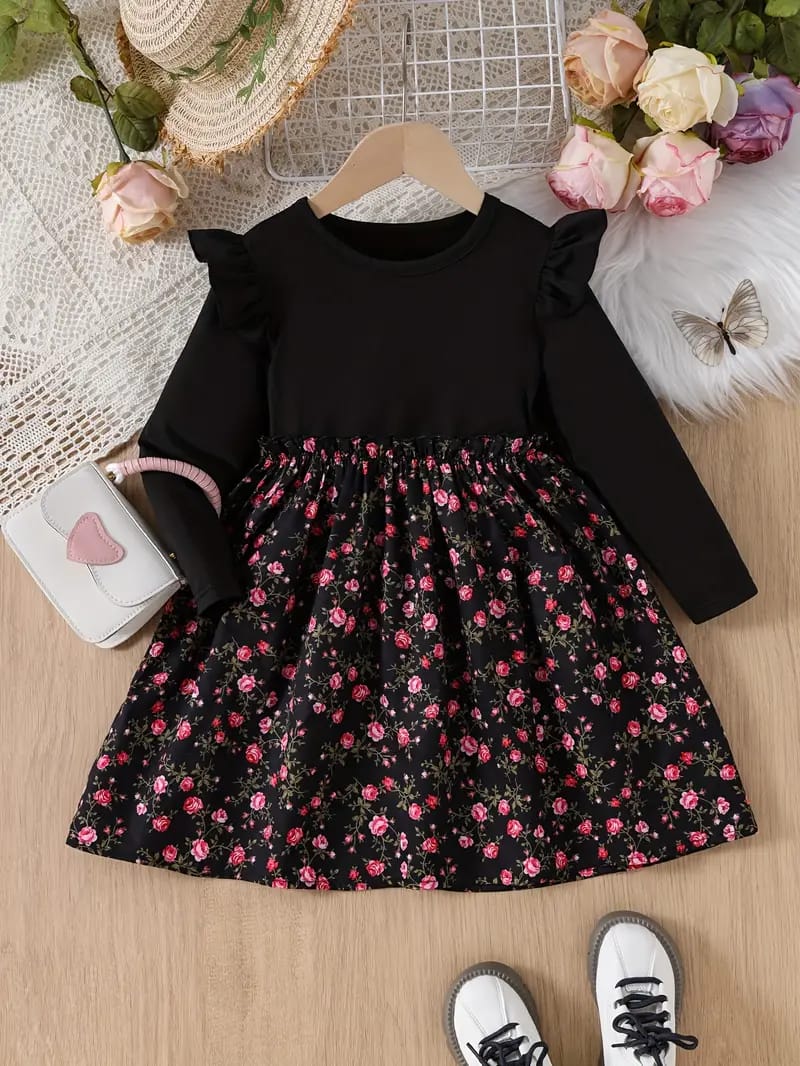 Chic Black & Floral Princess Dress – Stylish Elegance for Little Girls