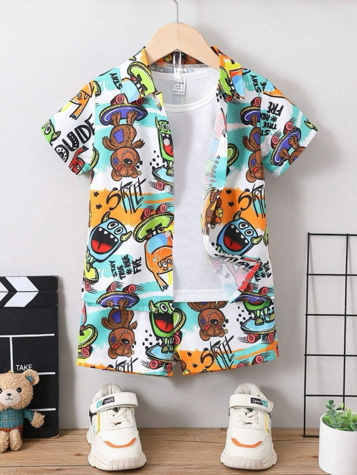 White cartoon printed shirt & short