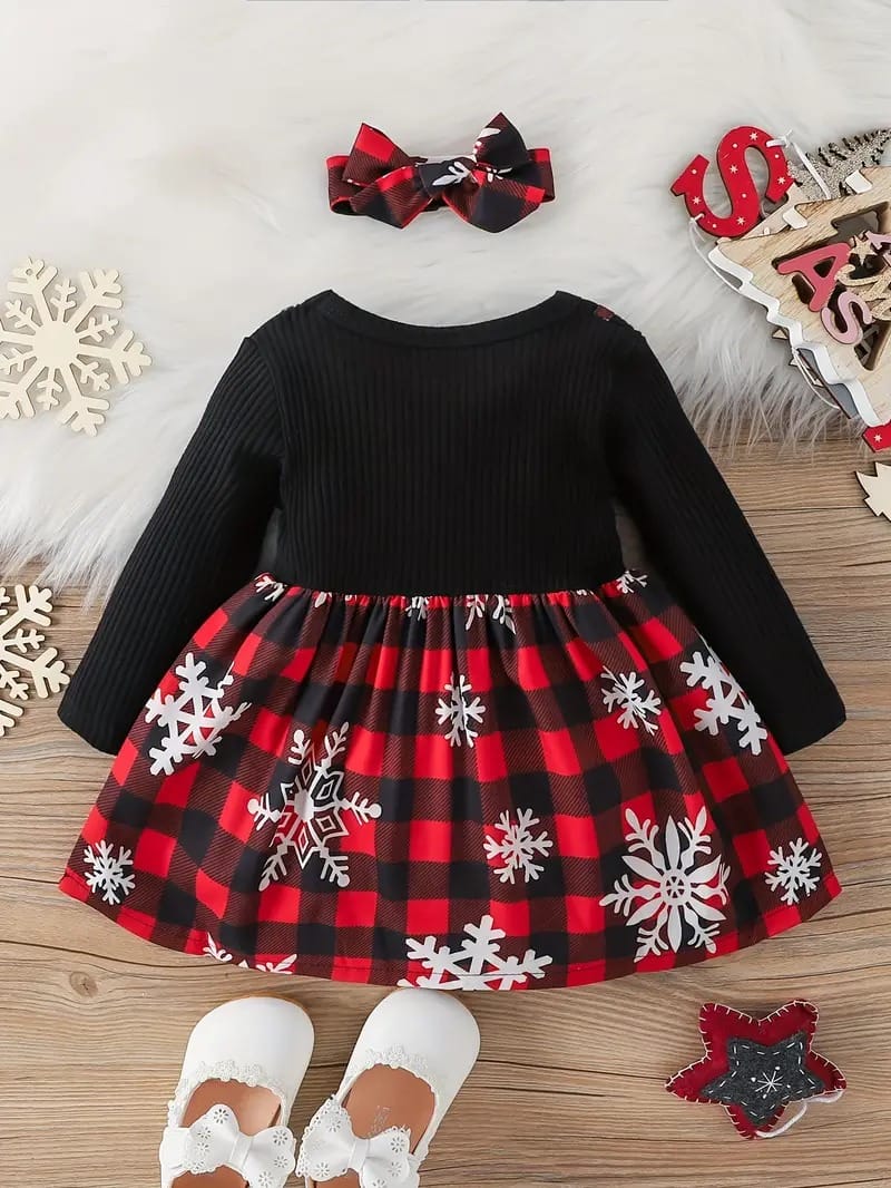 Festive Buffalo Plaid Snowflake Dress – Christmas Charm for Little Girls