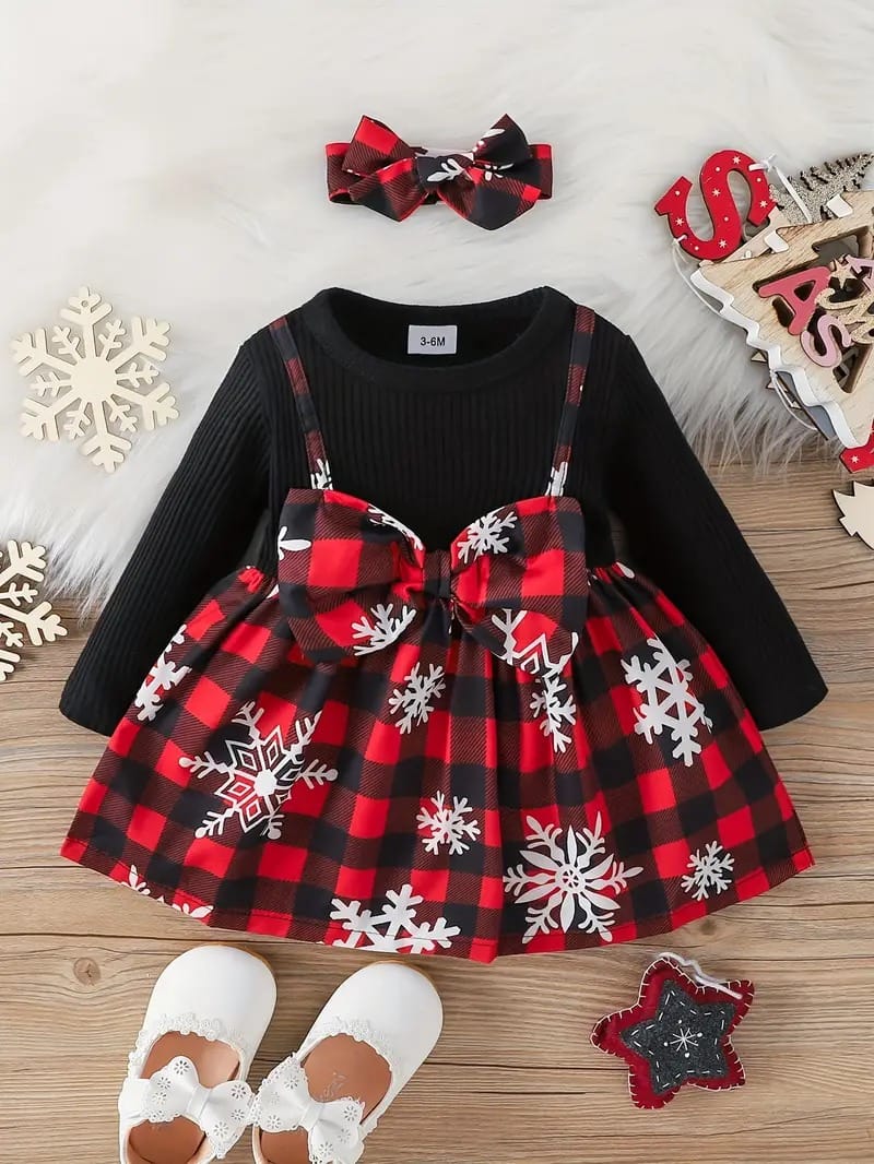 Festive Buffalo Plaid Snowflake Dress – Christmas Charm for Little Girls