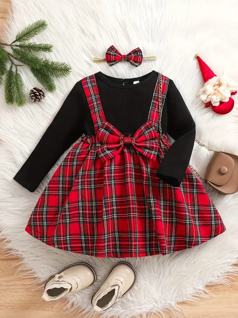 Adorable Christmas Plaid Suspender Dress Set – Festive & Stylish
