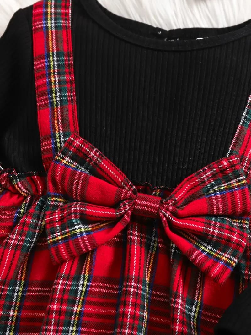 Adorable Christmas Plaid Suspender Dress Set – Festive & Stylish