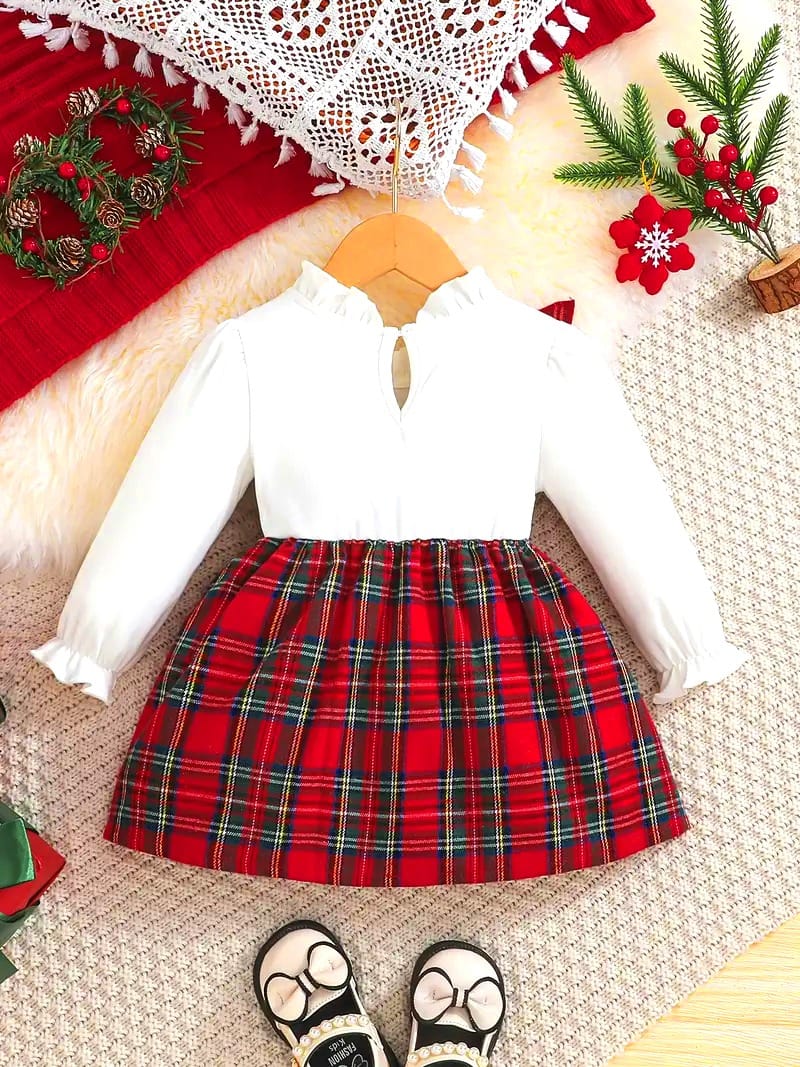 Festive Snowflake Plaid Dress Set – Adorable Christmas Outfit for Girls
