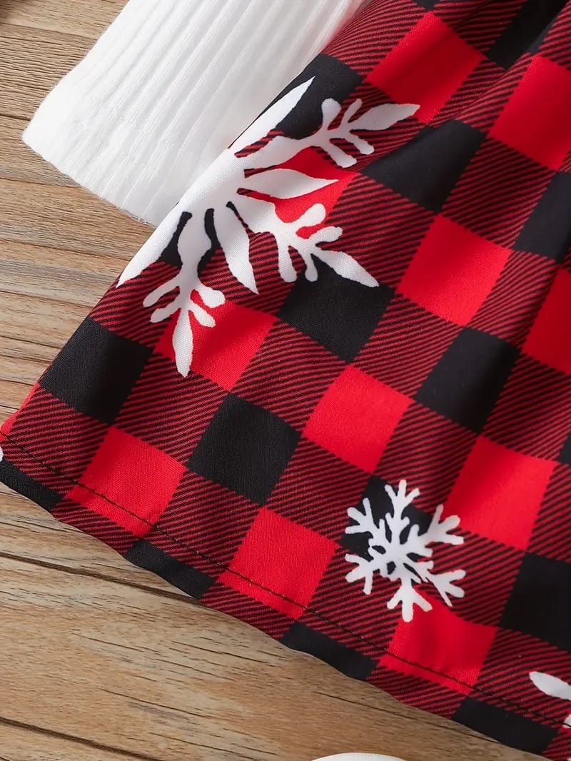 Festive Snowflake Plaid Dress Set – Adorable Christmas Outfit for Girls