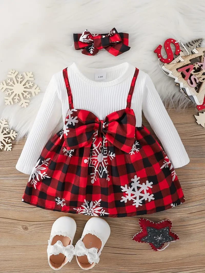 Festive Snowflake Plaid Dress Set – Adorable Christmas Outfit for Girls