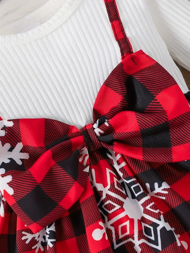 Festive Snowflake Plaid Dress Set – Adorable Christmas Outfit for Girls