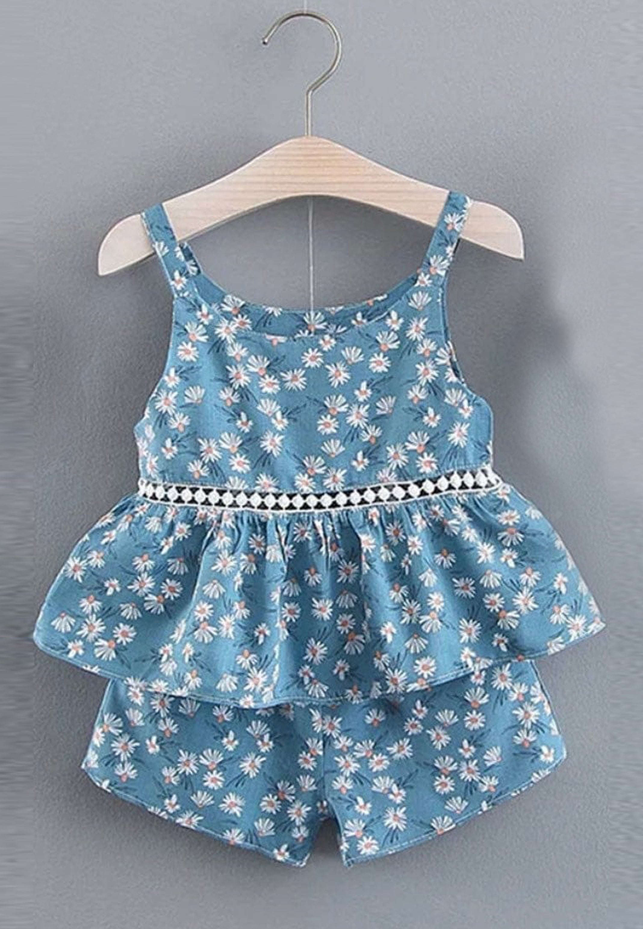 Sky blue flower printed short & top