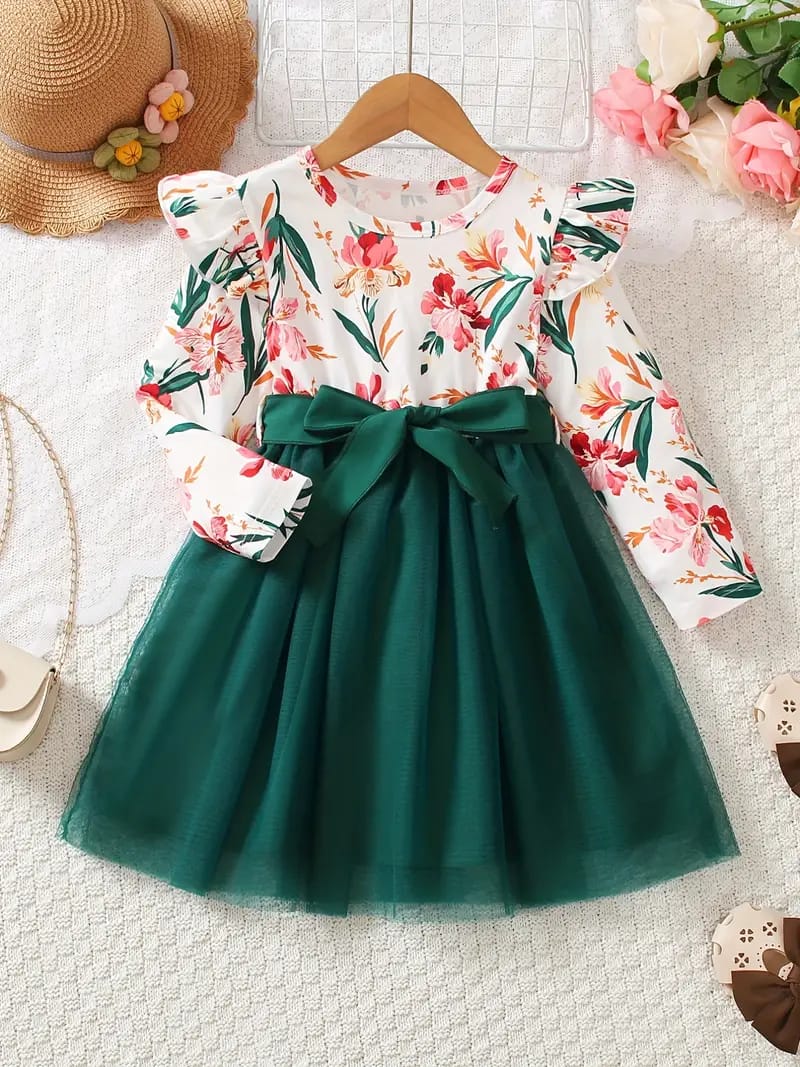 Elegant Floral Princess Dress with Tulle Skirt & Bow