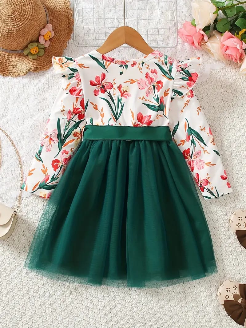 Elegant Floral Princess Dress with Tulle Skirt & Bow