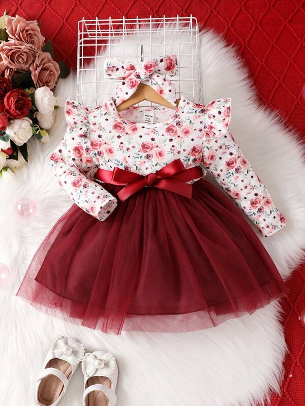 Adorable Floral Tulle Party Dress with Matching Headband