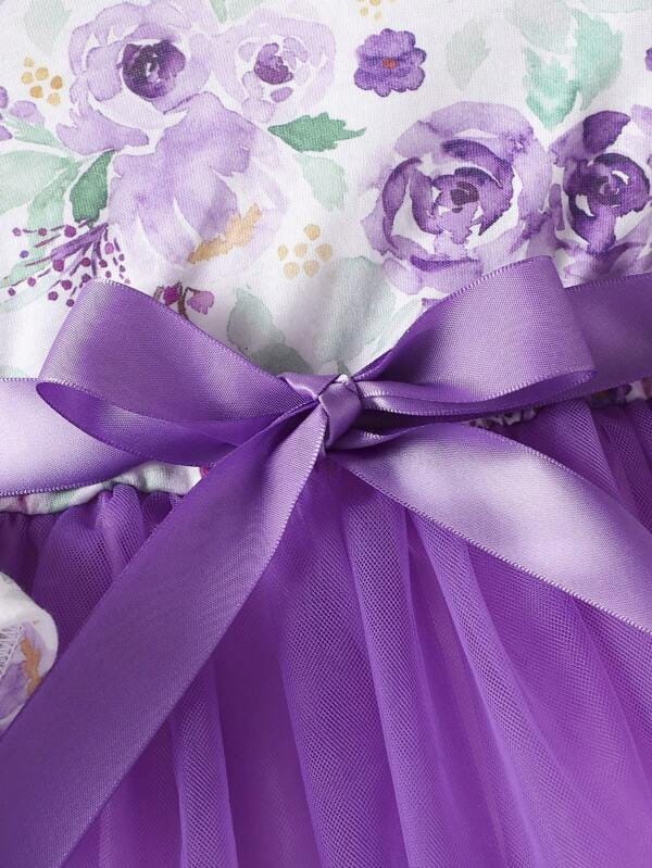 Elegant Purple Floral Tulle Dress with Matching Headband