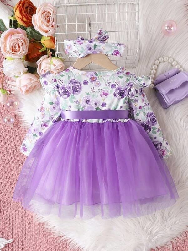 Elegant Purple Floral Tulle Dress with Matching Headband